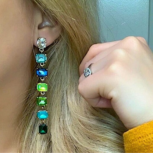 Antique Gold Emerald Cut Crystal Opal Sapphire Aquamarine Tassel Drop Earrings - Picture 4 of 13